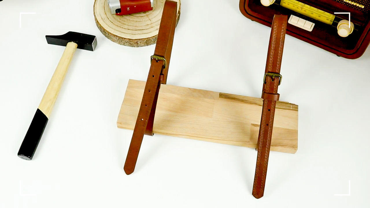 Shelves hung with old belts
